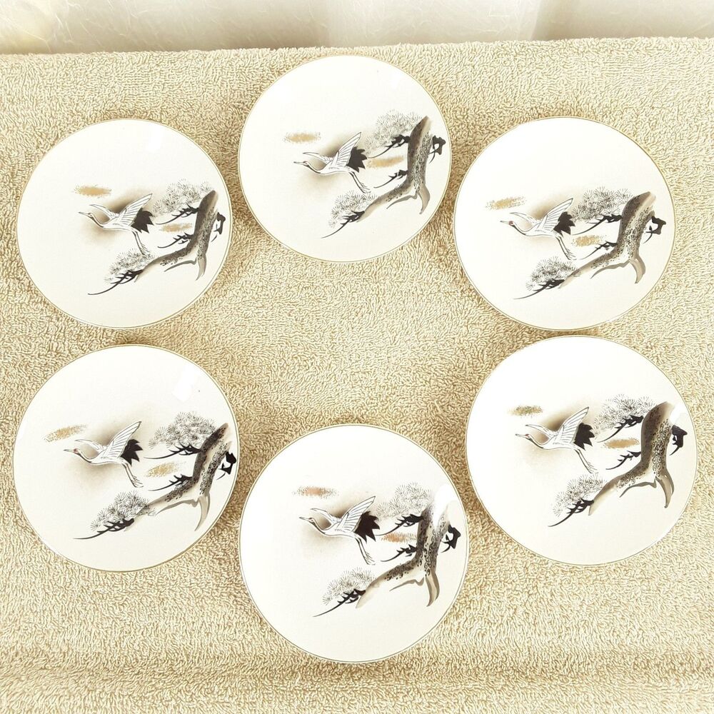 6 Sauce Plates 5", Flying Crane Pine Tree Luck, Japan Porcelain, black,gold trim